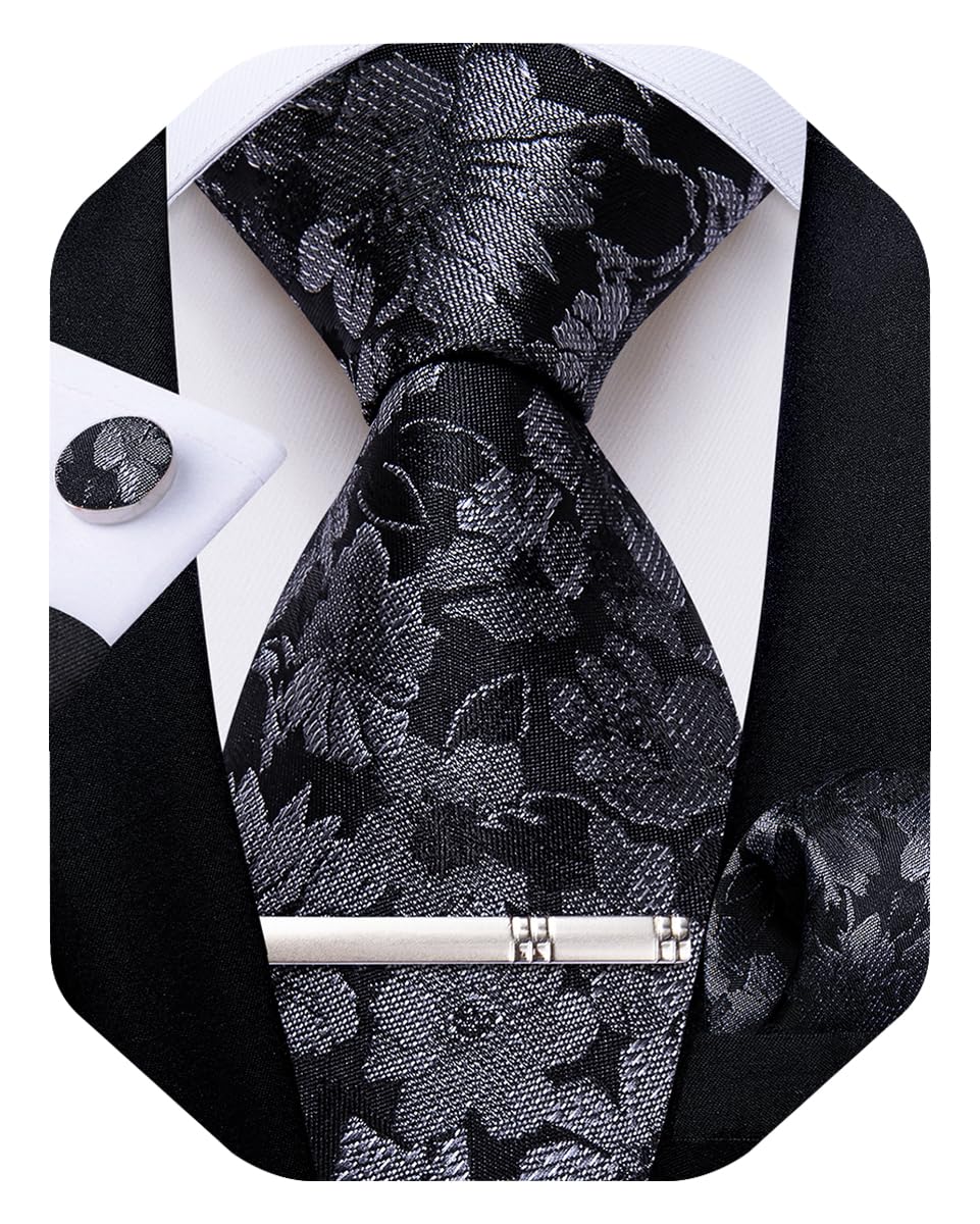Silk Floral Ties for Men Woven Paisley Necktie and Tie Clip Handkerchief Cufflinks Set for Party Wedding