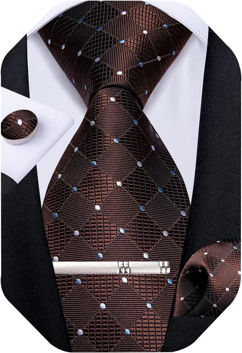 Plaid Ties for Men Silk Checkered Necktie and Pocket Square Cufflinks Tie Clip Set with Gift Box for Wedding Business