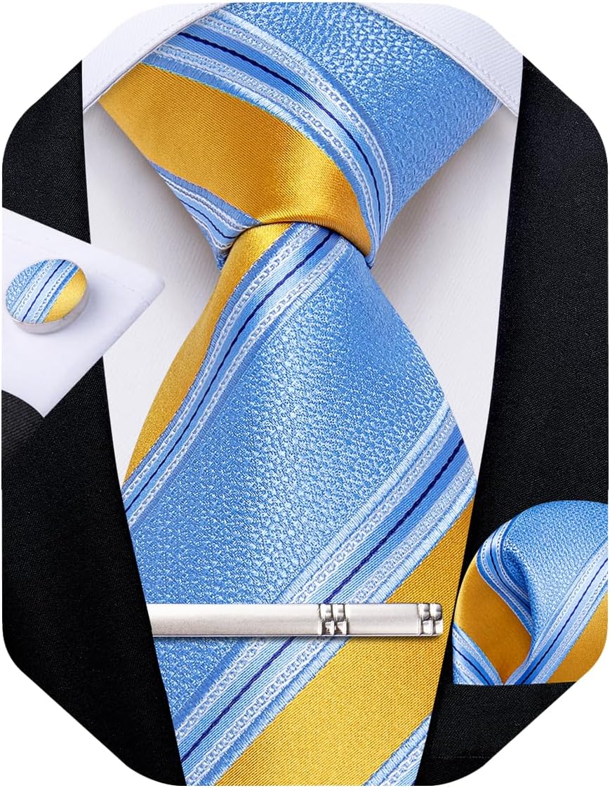 Mens Tie Silk Plaid Striped Necktie and Pocket Square Cufflinks Tie Clip Set with Gift Box Formal Wedding Party