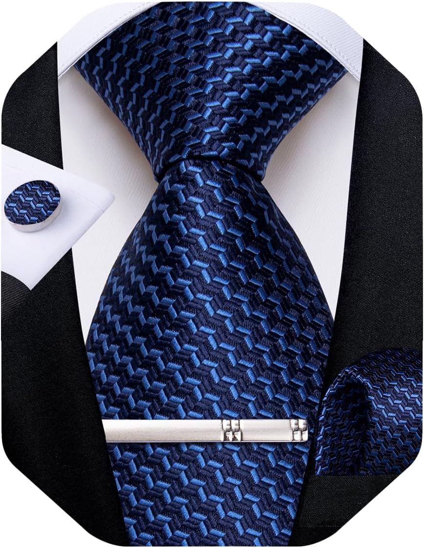 Mens Tie Silk Plaid Striped Necktie and Pocket Square Cufflinks Tie Clip Set with Gift Box Formal Wedding Party
