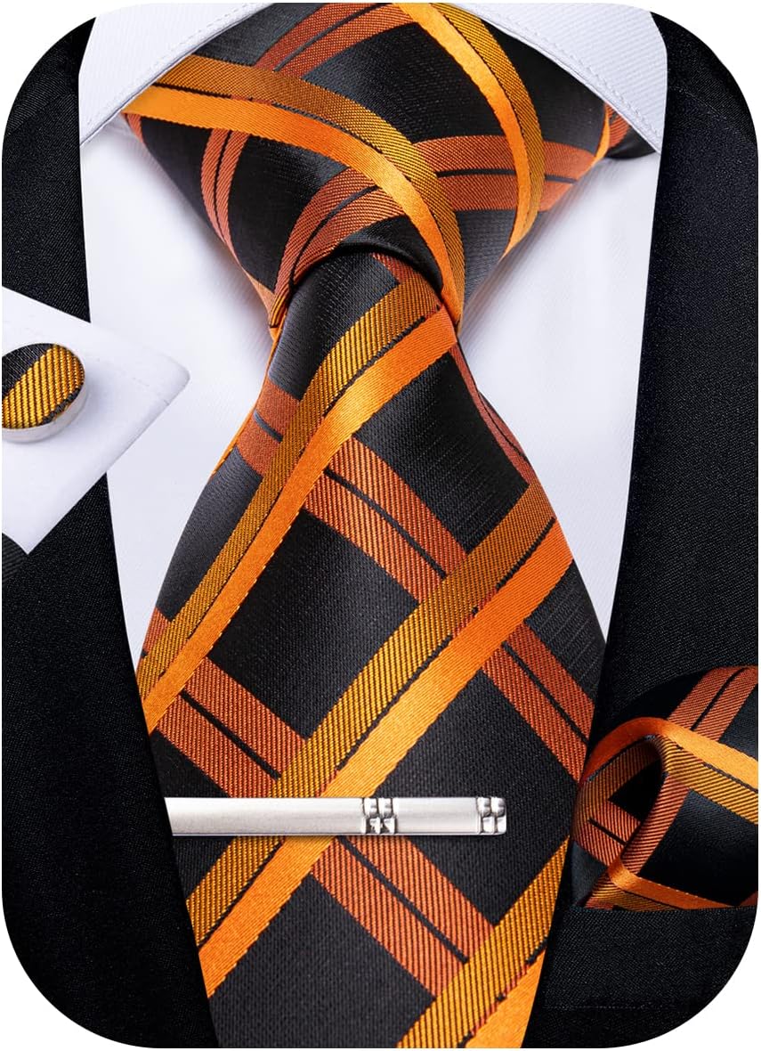 Plaid Ties for Men Silk Checkered Necktie and Pocket Square Cufflinks Tie Clip Set with Gift Box for Wedding Business