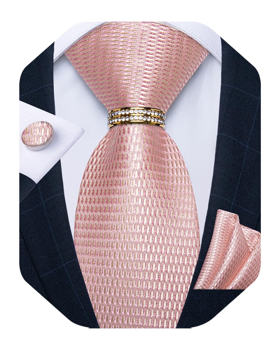 Mens Tie Set Silk Necktie and Gold Tie Ring Pocket Square Cufflinks Formal Business Wedding Ties with Gift Box