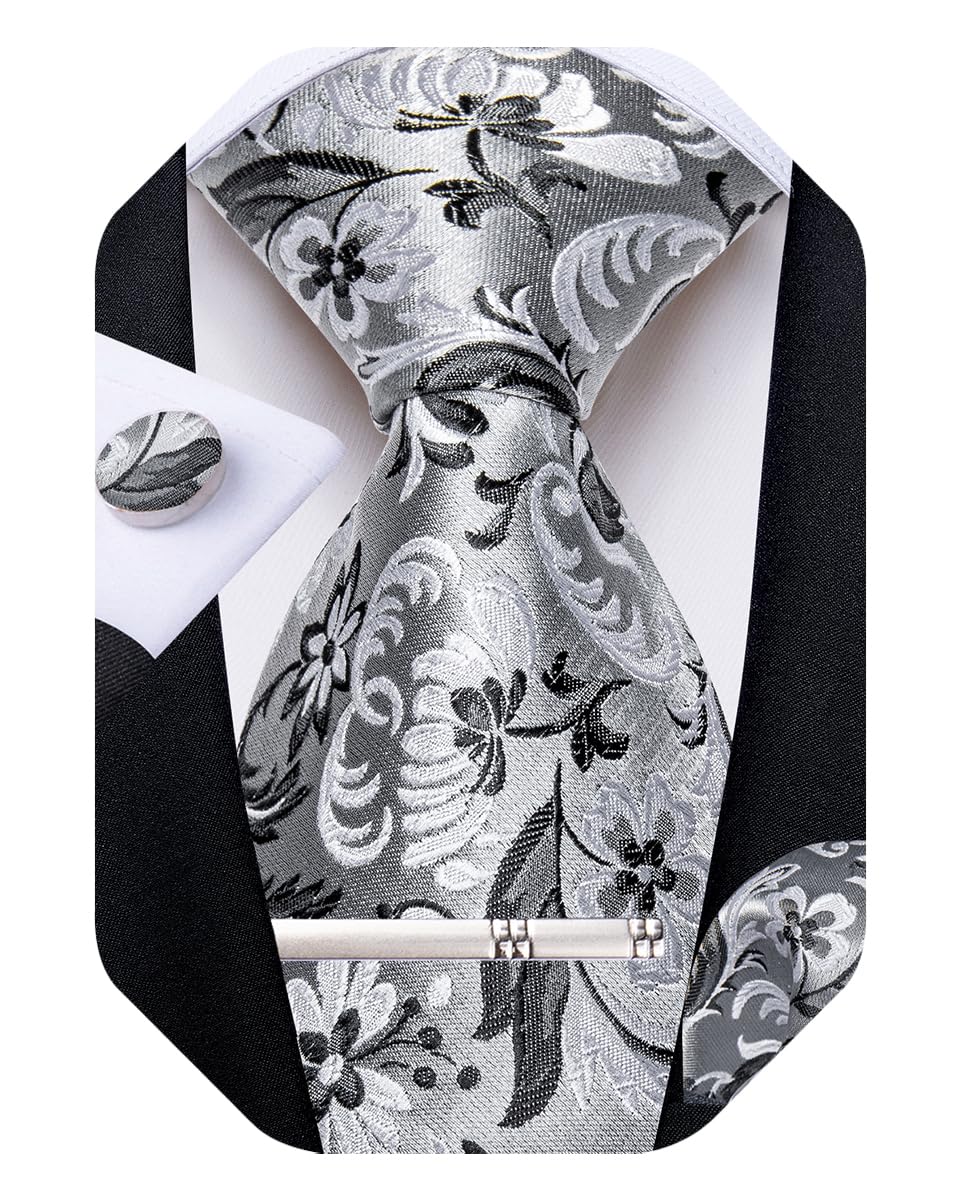 Silk Floral Ties for Men Woven Paisley Necktie and Tie Clip Handkerchief Cufflinks Set for Party Wedding