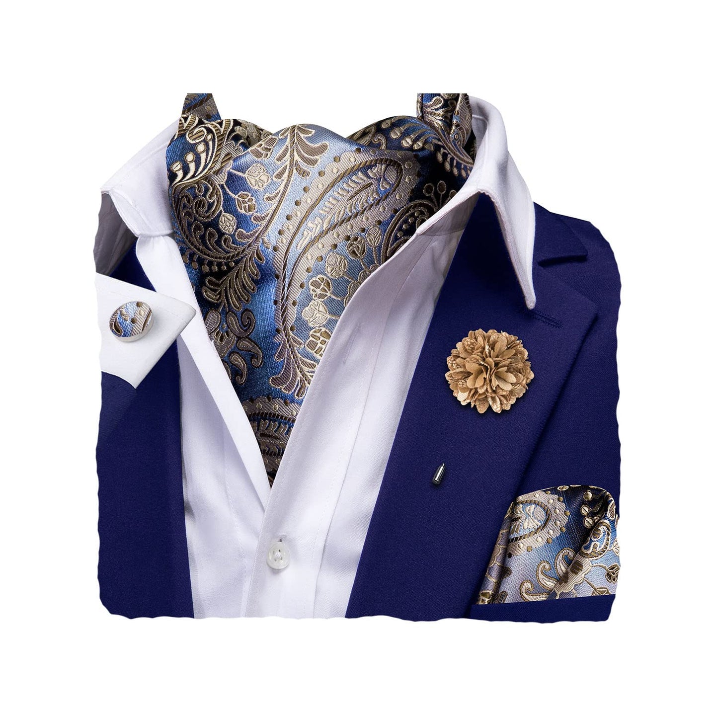 Silk Ascot for Men Self Tie Men's Cravat and Flower Lapel Pin Handkerchief Cufflinks Set for Wedding Party