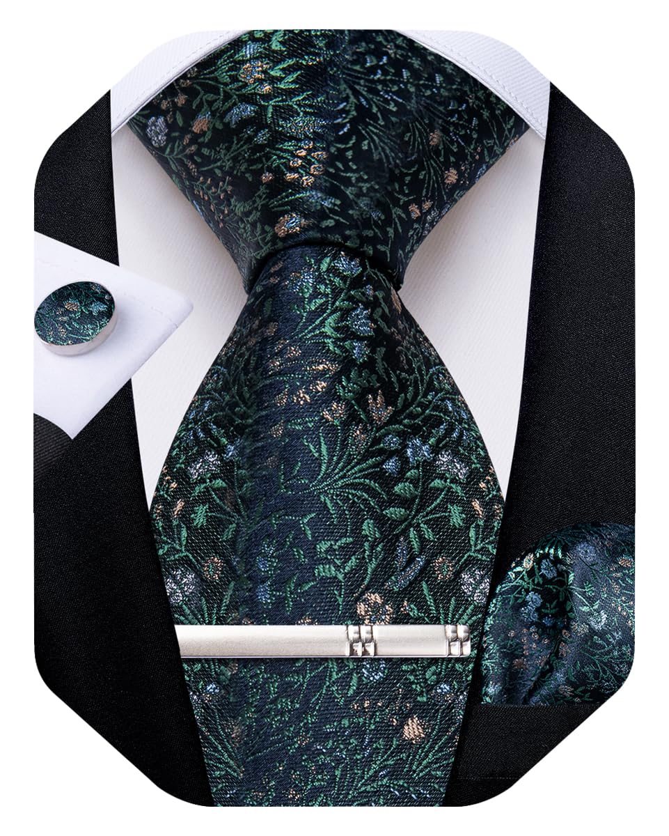 Silk Floral Ties for Men Woven Paisley Necktie and Tie Clip Handkerchief Cufflinks Set for Party Wedding