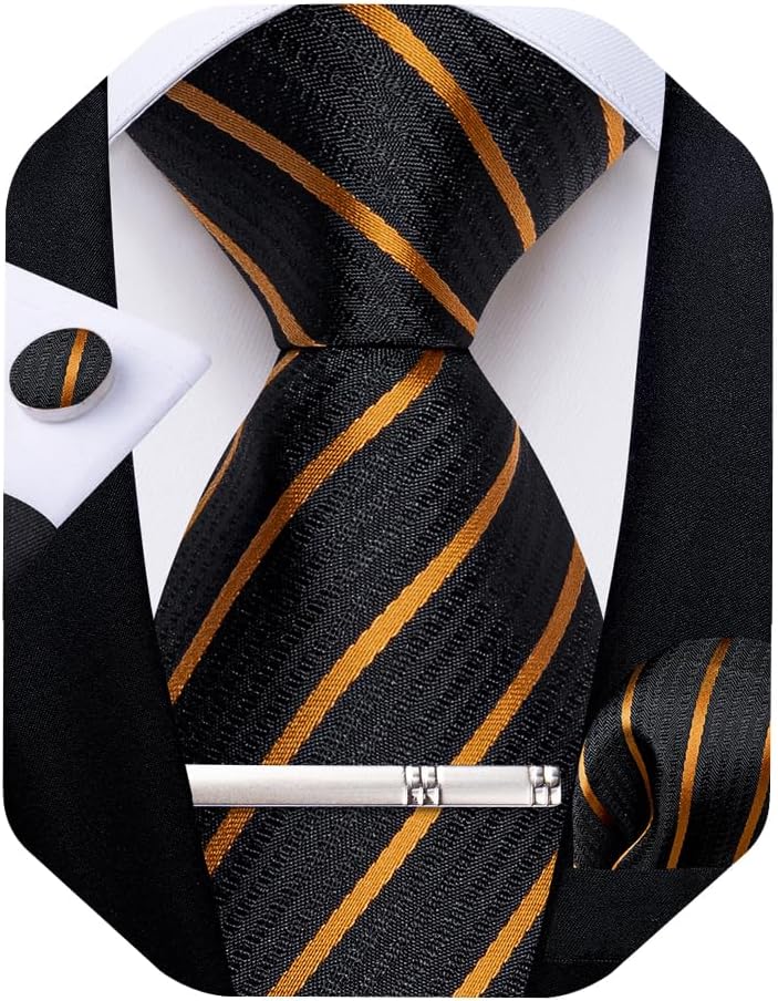Mens Tie Silk Plaid Striped Necktie and Pocket Square Cufflinks Tie Clip Set with Gift Box Formal Wedding Party