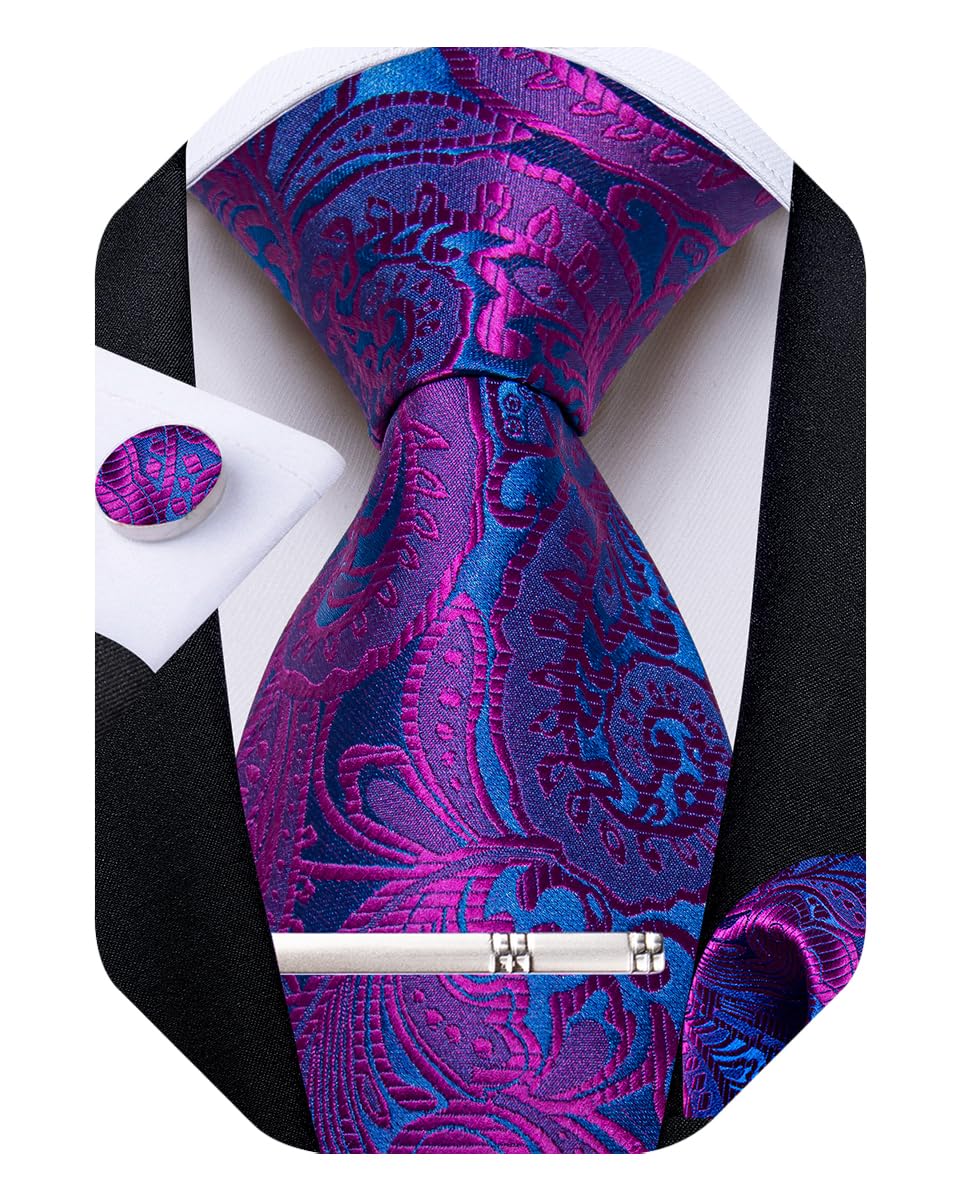 Silk Floral Ties for Men Woven Paisley Necktie and Tie Clip Handkerchief Cufflinks Set for Party Wedding