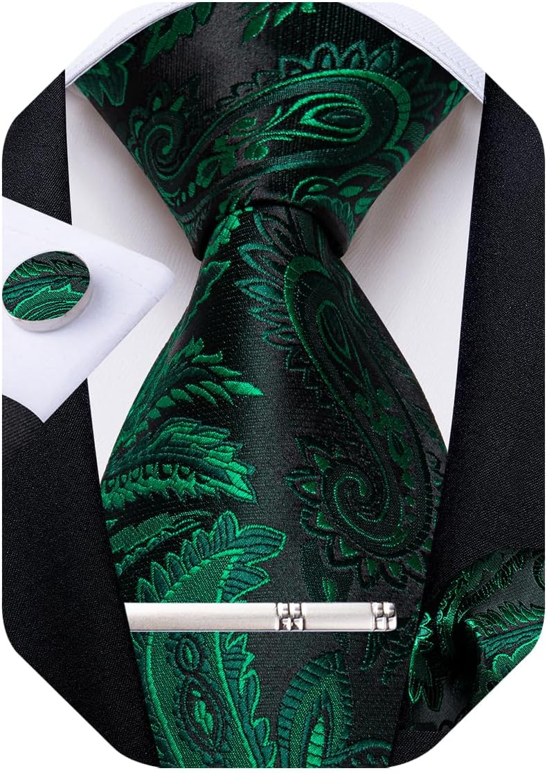Paisley Ties for Men Silk Necktie and Pocket Square Cufflinks Tie Clip Set Woven Classic Mens Tie for Wedding Party