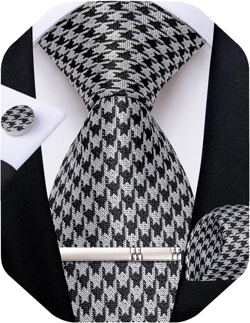 Mens Tie Silk Plaid Striped Necktie and Pocket Square Cufflinks Tie Clip Set with Gift Box Formal Wedding Party