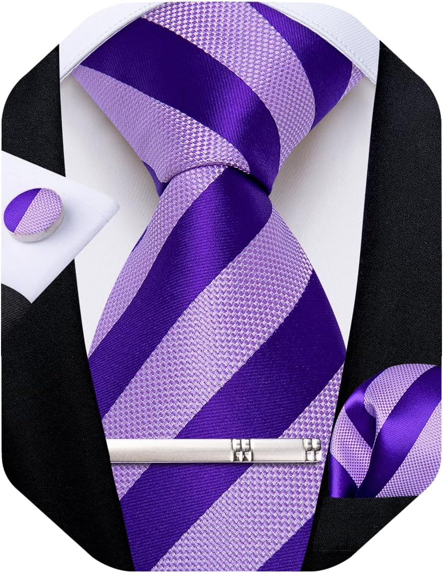 Mens Tie Silk Plaid Striped Necktie and Pocket Square Cufflinks Tie Clip Set with Gift Box Formal Wedding Party