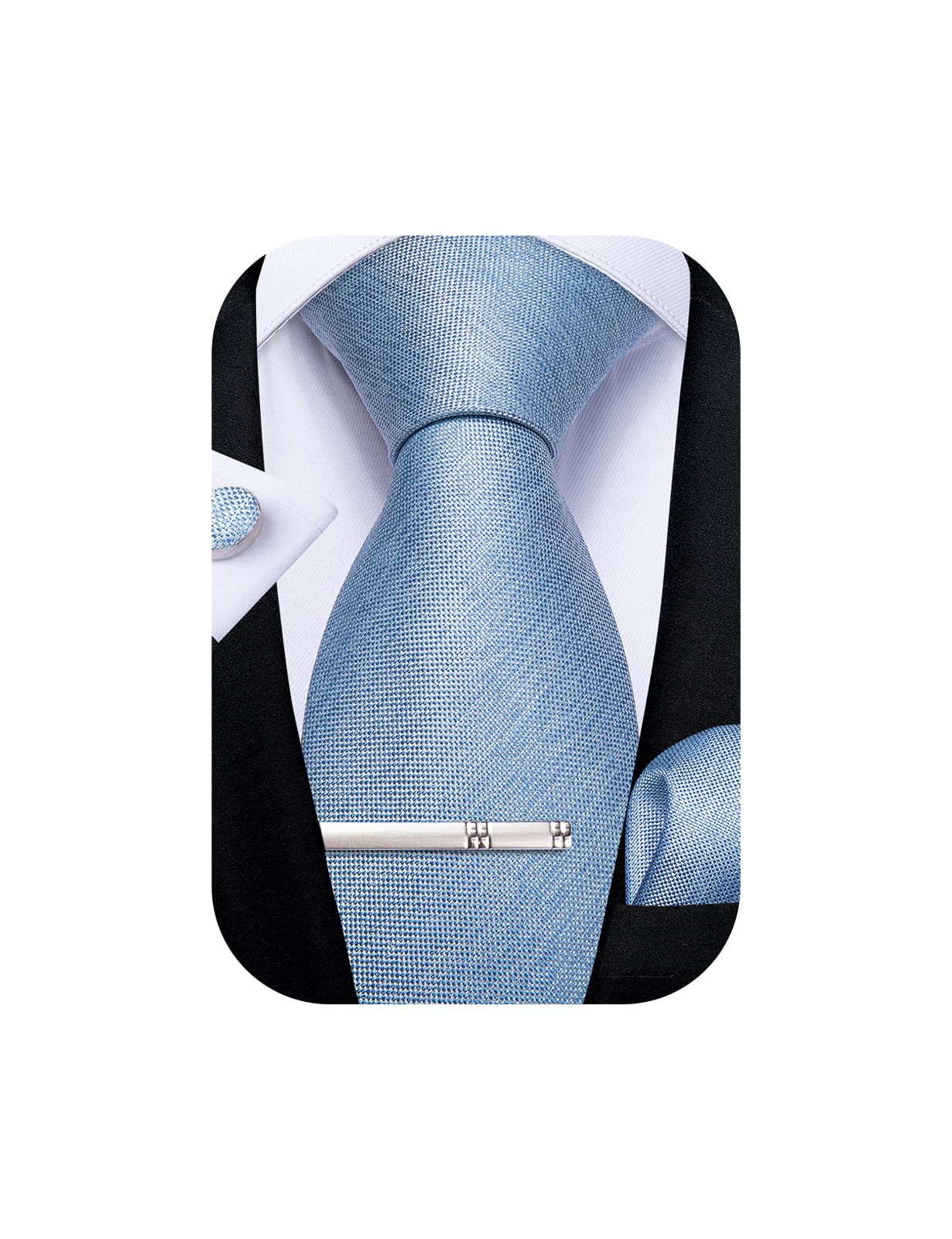Mens Silk Necktie Solid Color Tie and Pocket Square Cufflink Tie Clip Set Woven Plain Ties for Men Wedding Party