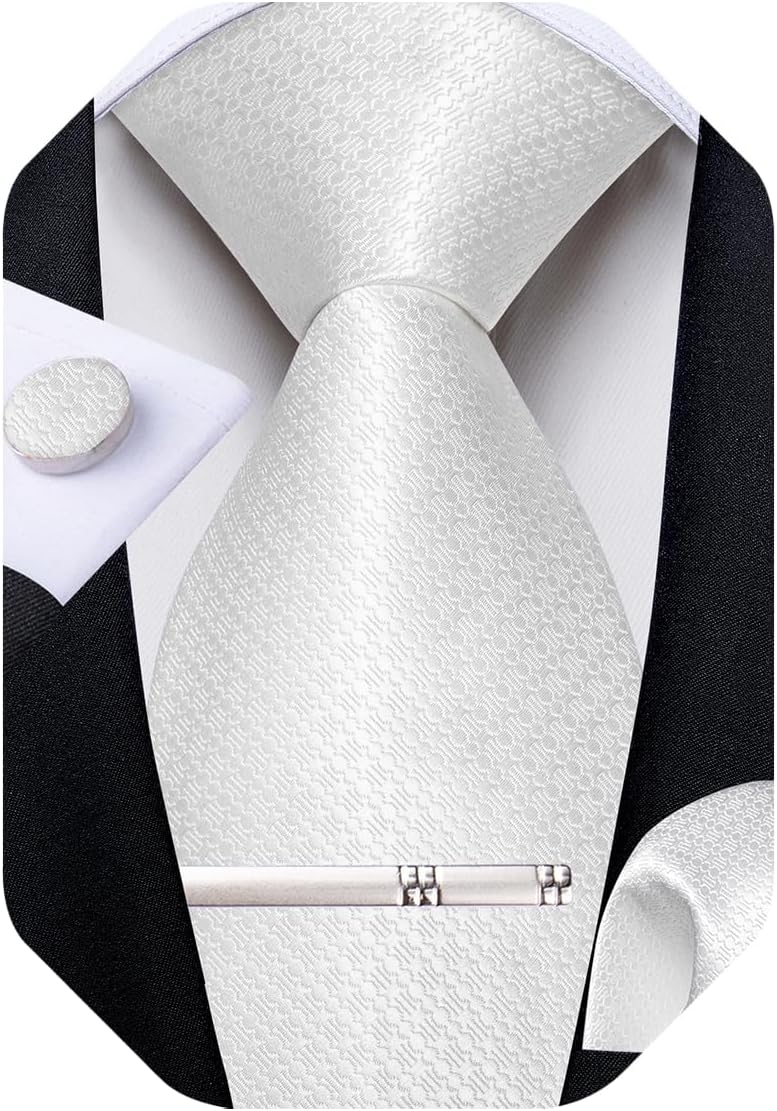 Mens Tie Silk Plaid Striped Necktie and Pocket Square Cufflinks Tie Clip Set with Gift Box Formal Wedding Party