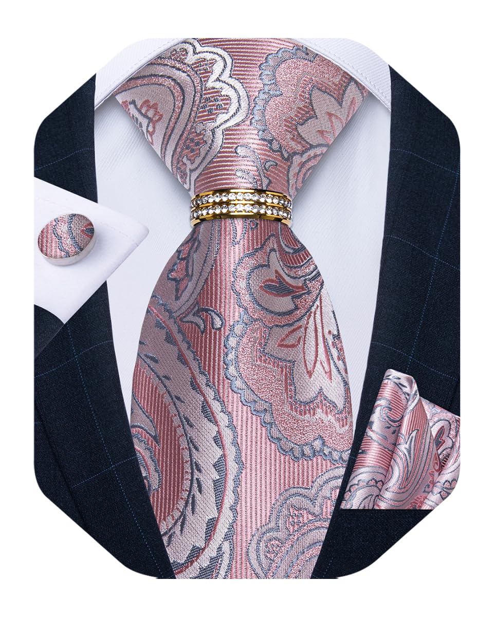 Mens Tie Set Silk Necktie and Gold Tie Ring Pocket Square Cufflinks Formal Business Wedding Ties with Gift Box