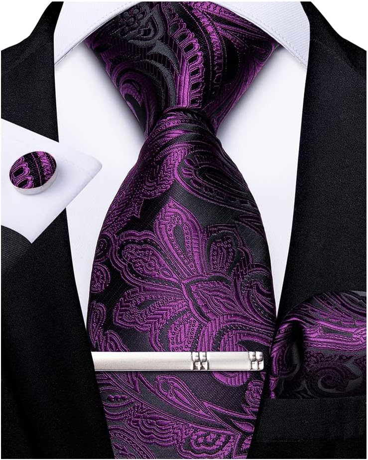 Paisley Ties for Men Silk Necktie and Pocket Square Cufflinks Tie Clip Set Woven Classic Mens Tie for Wedding Party