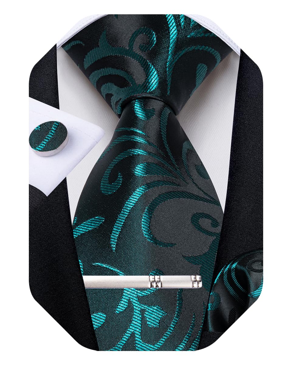 Silk Floral Ties for Men Woven Paisley Necktie and Tie Clip Handkerchief Cufflinks Set for Party Wedding