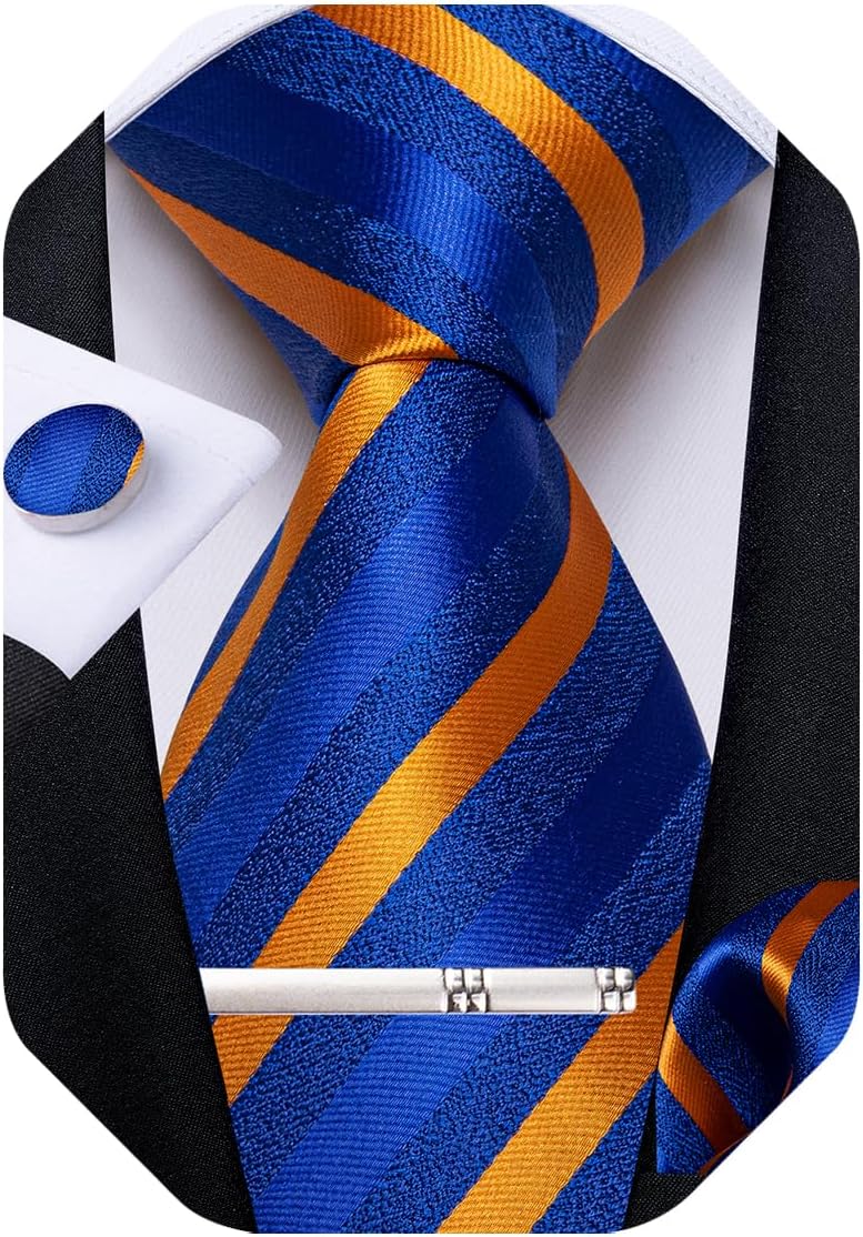 Mens Tie Silk Plaid Striped Necktie and Pocket Square Cufflinks Tie Clip Set with Gift Box Formal Wedding Party