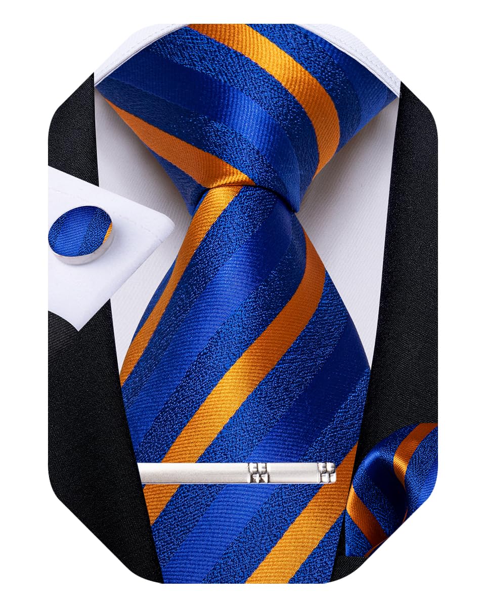 Mens Striped Tie Silk Woven Necktie and Pocket Square Cufflinks Tie Clip Set Wedding Business Formal Gift Tie for Men