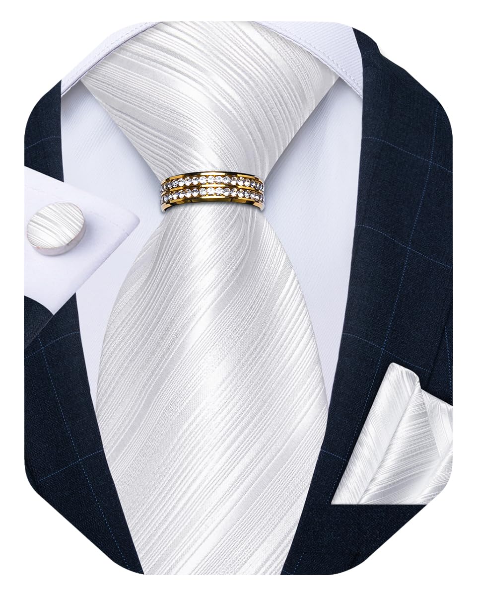 Mens Tie Set Silk Necktie and Gold Tie Ring Pocket Square Cufflinks Formal Business Wedding Ties with Gift Box