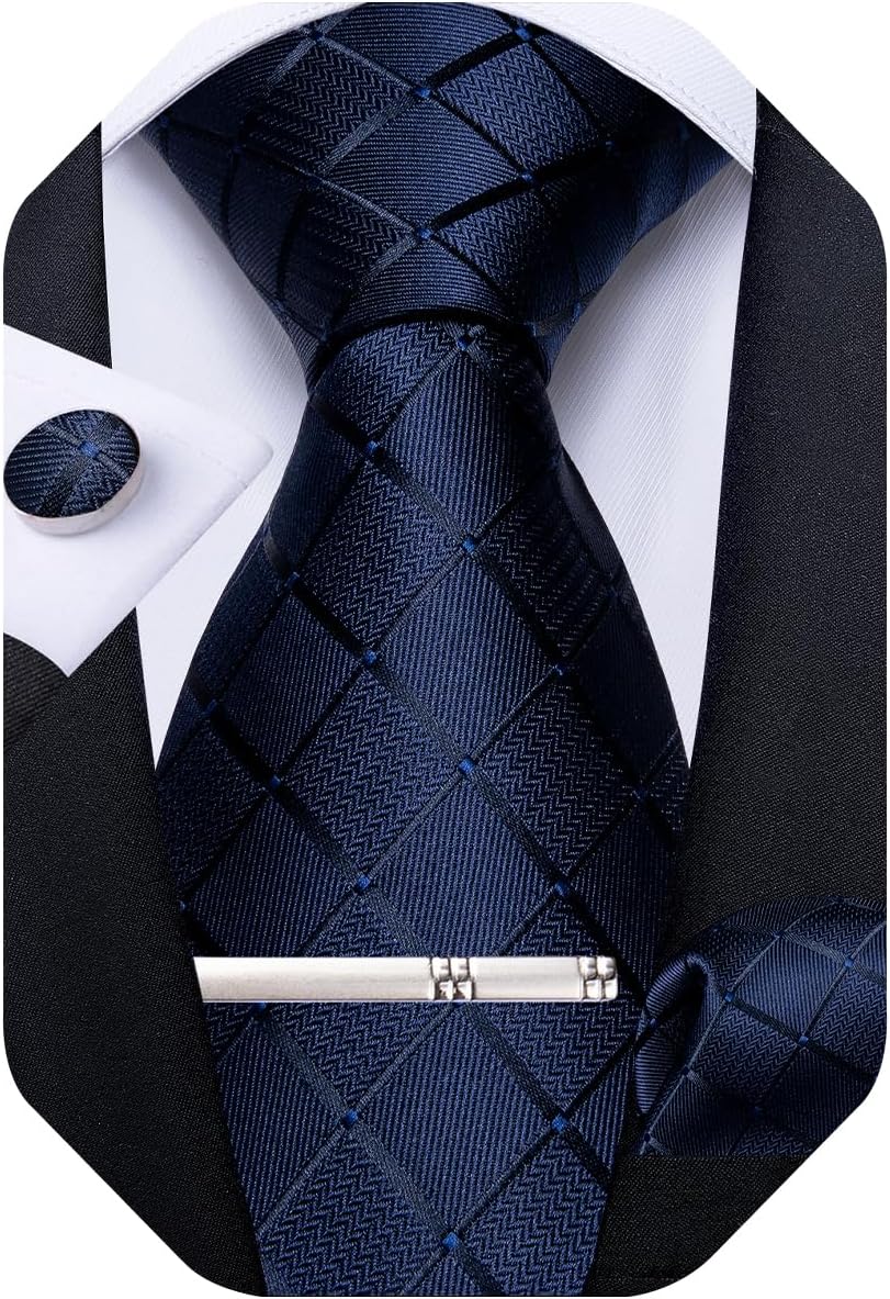 Plaid Ties for Men Silk Checkered Necktie and Pocket Square Cufflinks Tie Clip Set with Gift Box for Wedding Business