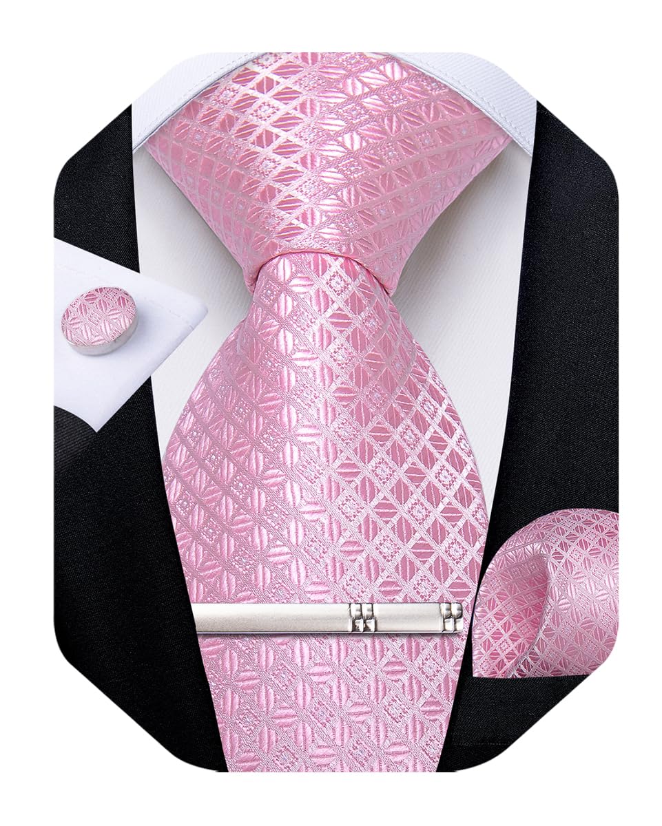 Silk Ties for Men Formal Plaid Check Necktie and Pocket Square Cufflinks Tie Clip Set Wedding Necktie with Gift Box