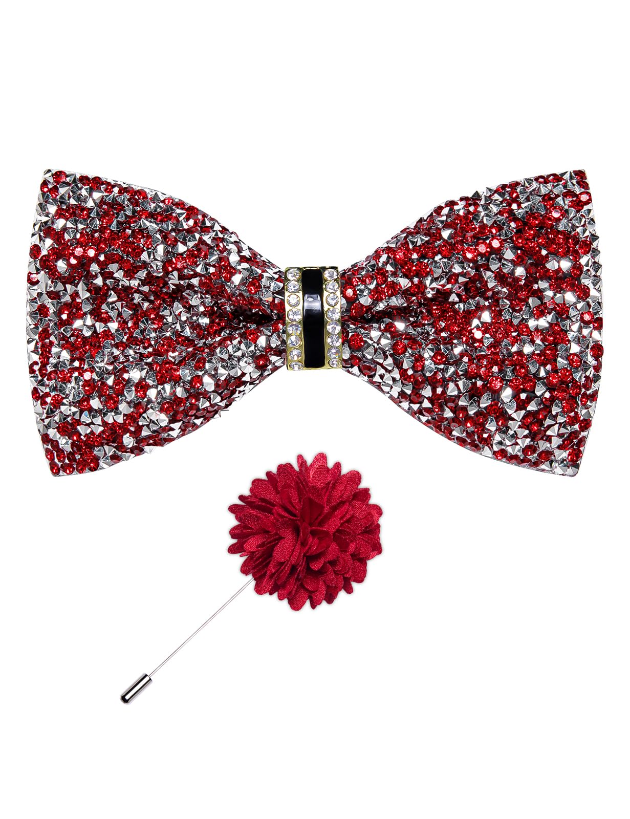 Rhinestone Bow Ties for Men Adjustable Sequin Diamond Pre-tied Bowtie with Ring and Lapel Pin Set for Wedding Party