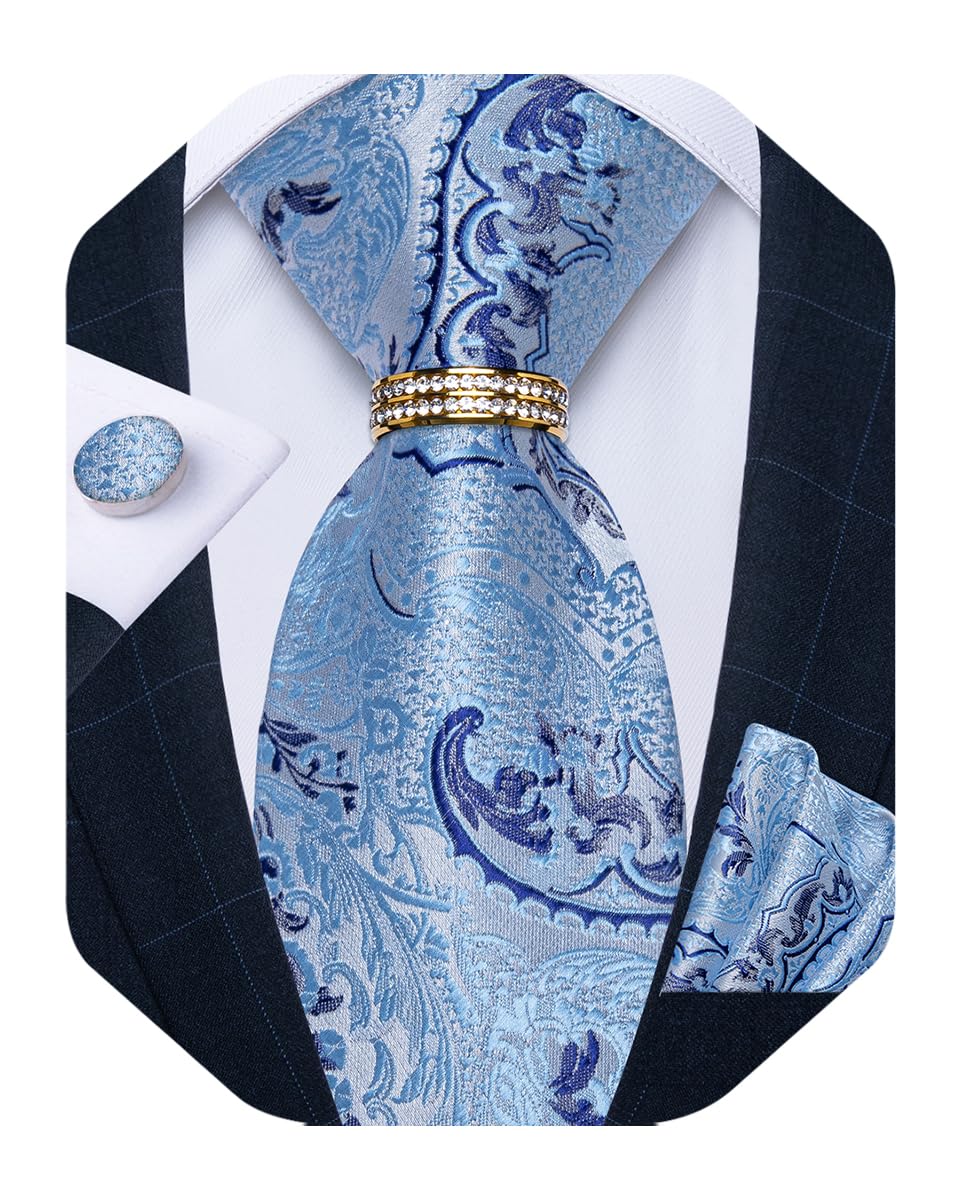 Mens Tie Set Silk Necktie and Gold Tie Ring Pocket Square Cufflinks Formal Business Wedding Ties with Gift Box