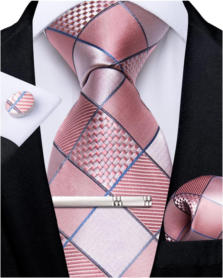 Plaid Ties for Men Silk Checkered Necktie and Pocket Square Cufflinks Tie Clip Set with Gift Box for Wedding Business