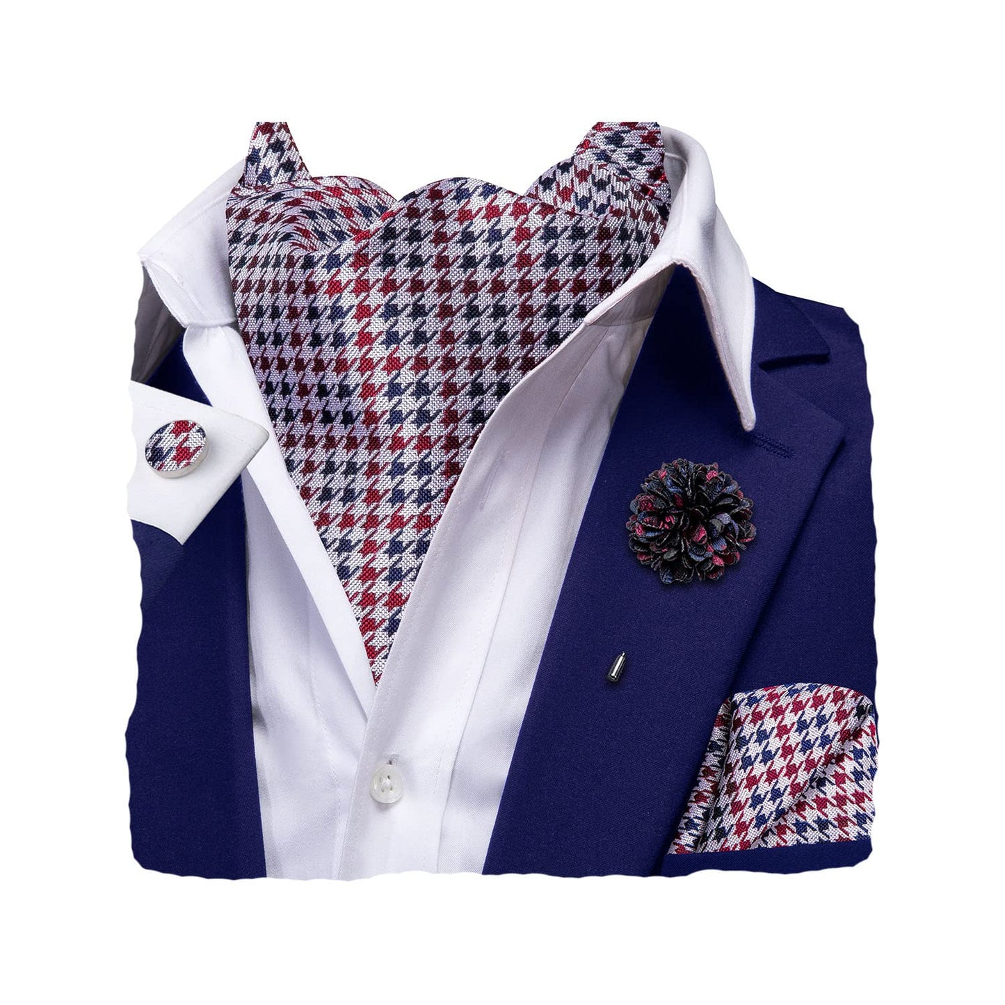 Silk Ascot for Men Self Tie Men's Cravat and Flower Lapel Pin Handkerchief Cufflinks Set for Wedding Party