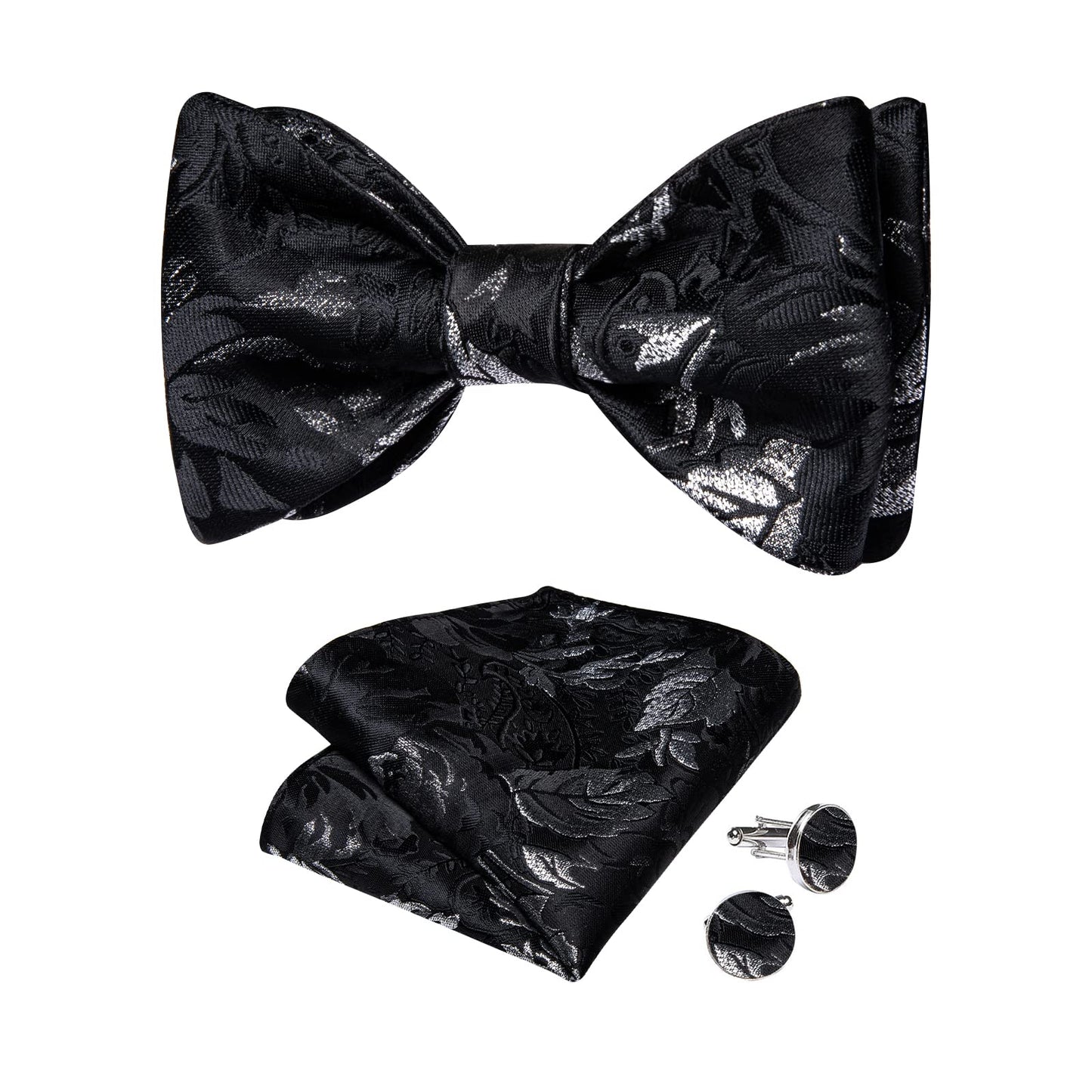 Mens Silk Self Bow Ties,Woven Solid Striped Paisley Bowtie and Pocket Square Cufflinks Set for Men Tuxedo Wedding