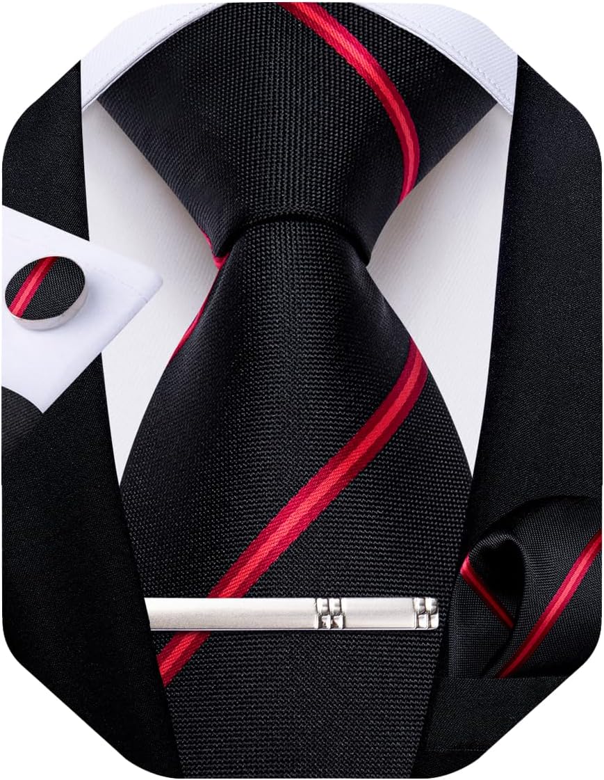 Mens Tie Silk Plaid Striped Necktie and Pocket Square Cufflinks Tie Clip Set with Gift Box Formal Wedding Party