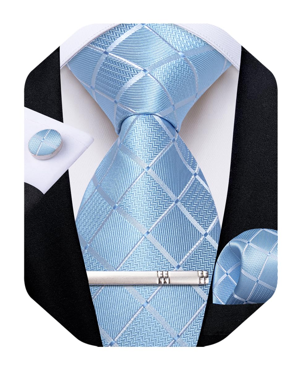 Silk Ties for Men Formal Plaid Check Necktie and Pocket Square Cufflinks Tie Clip Set Wedding Necktie with Gift Box