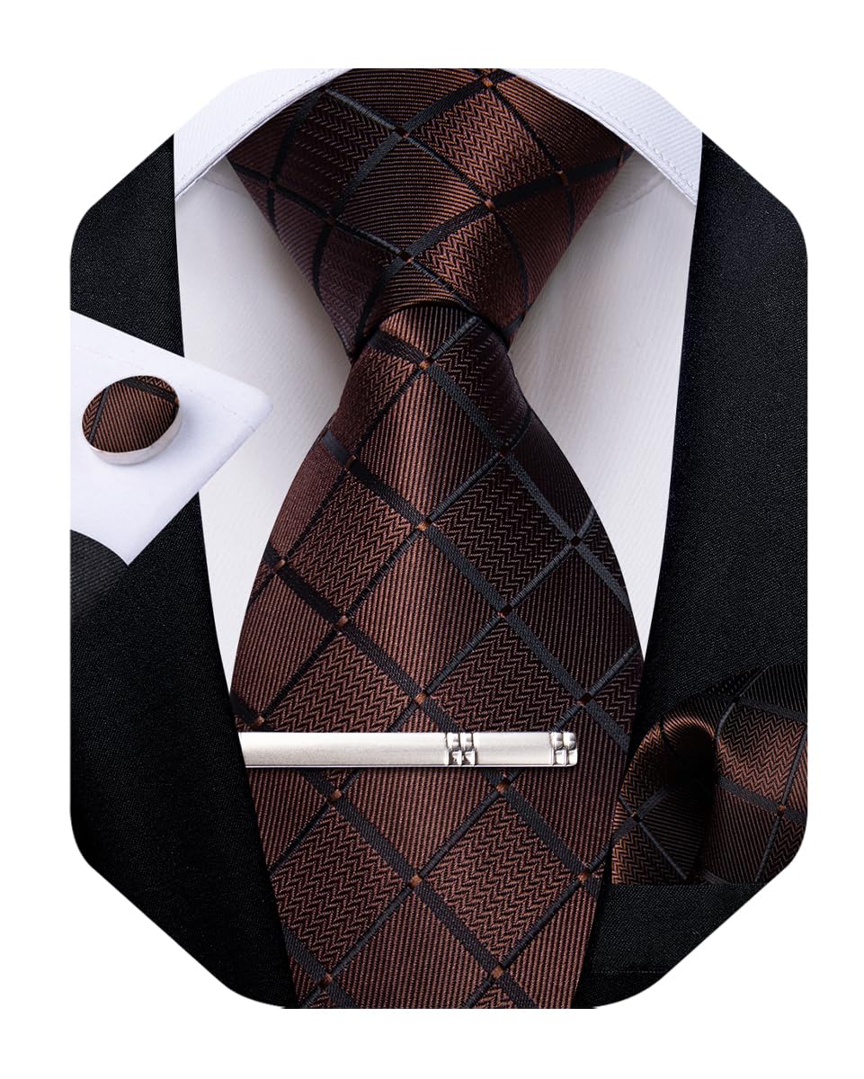 Silk Ties for Men Formal Plaid Check Necktie and Pocket Square Cufflinks Tie Clip Set Wedding Necktie with Gift Box