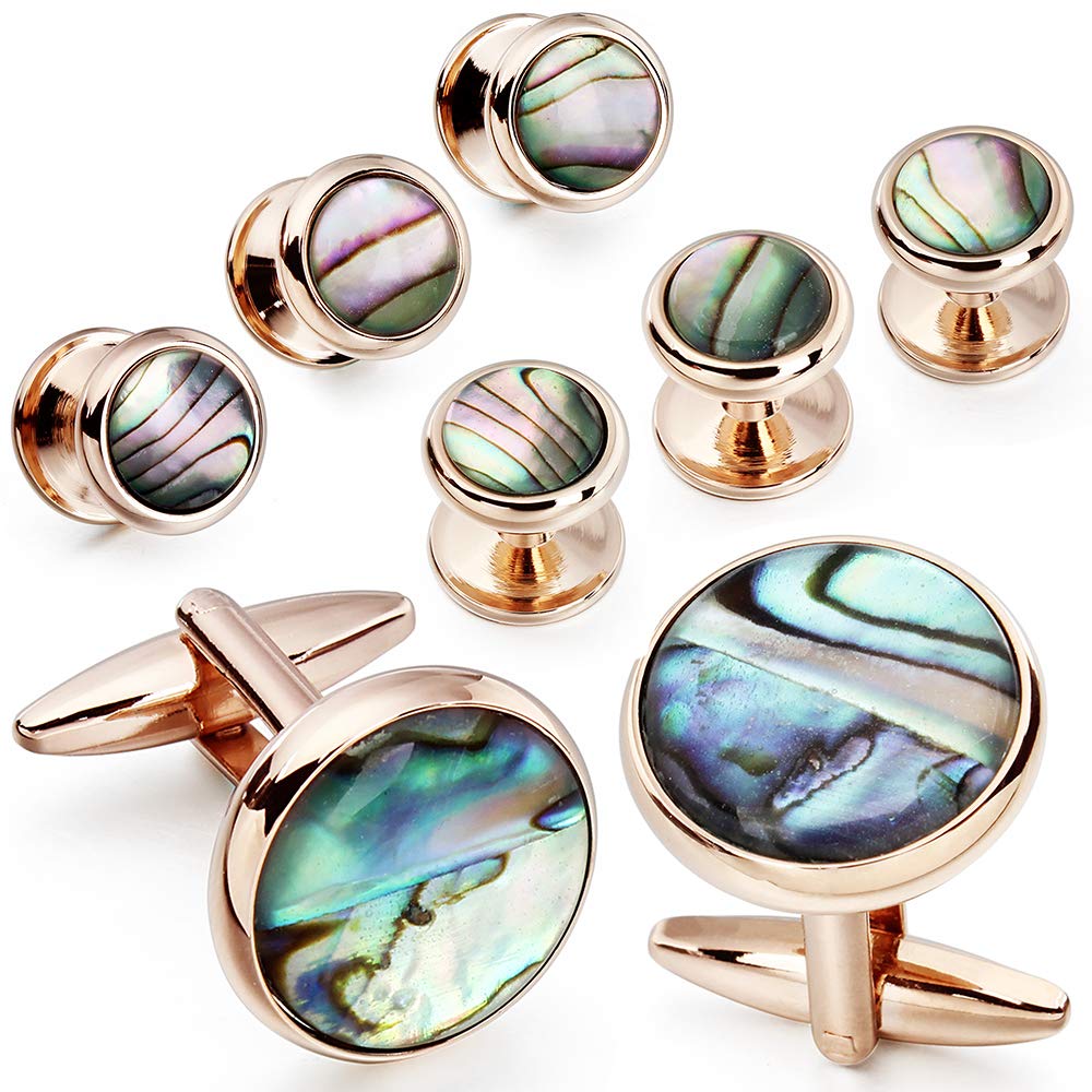 Cufflinks and Tuxedo Studs Set for Men with Gift Box, Mother-of-Pearl Cuff links for French Cuff Shirt and Dress Shirt, Suitable for Wedding, Birthday, Party