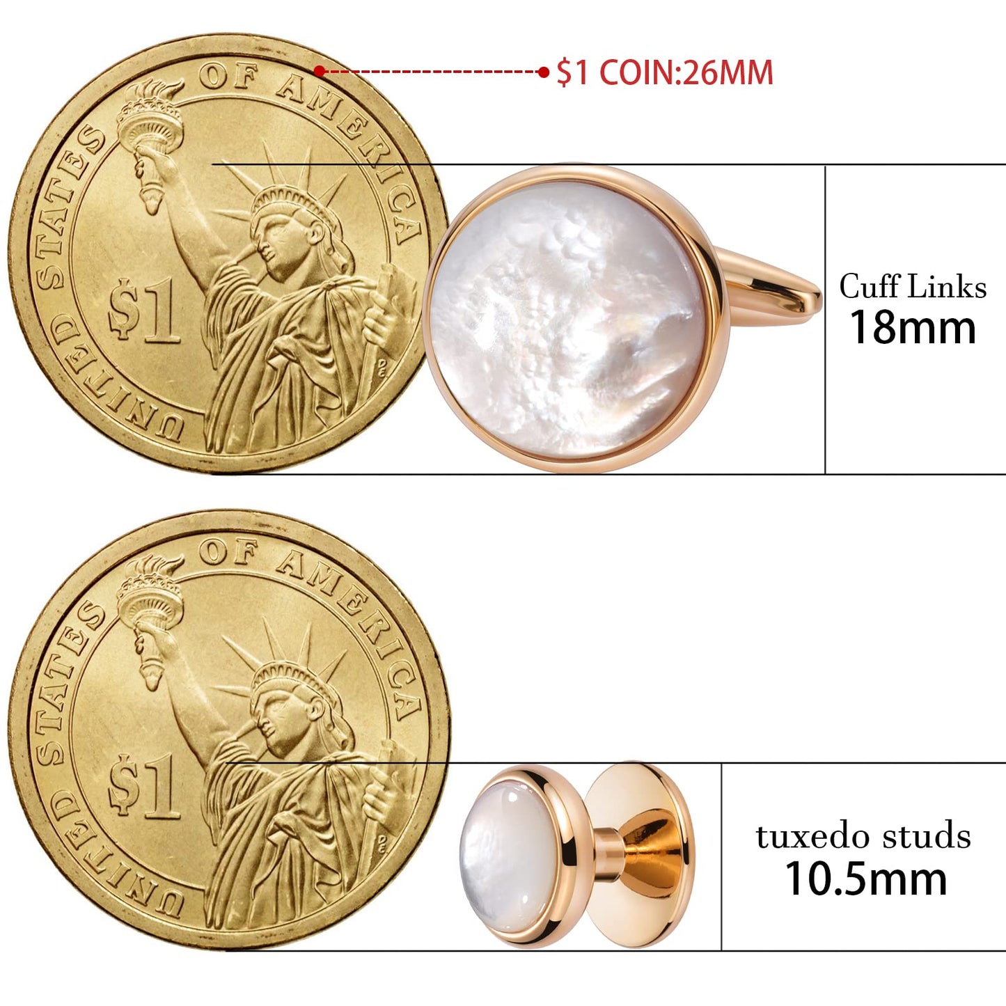 Cufflinks and Tuxedo Studs Set for Men with Gift Box, Mother-of-Pearl Cuff links for French Cuff Shirt and Dress Shirt, Suitable for Wedding, Birthday, Party
