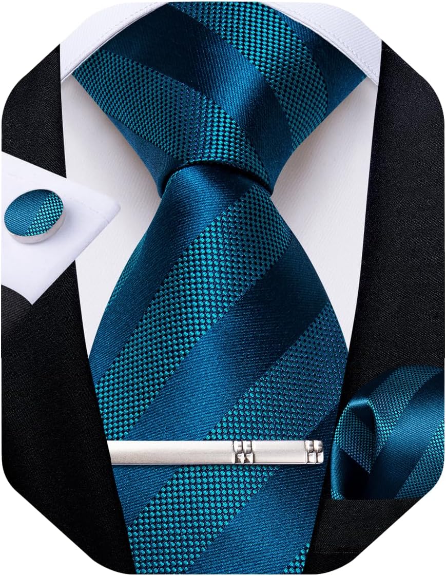 Mens Tie Silk Plaid Striped Necktie and Pocket Square Cufflinks Tie Clip Set with Gift Box Formal Wedding Party