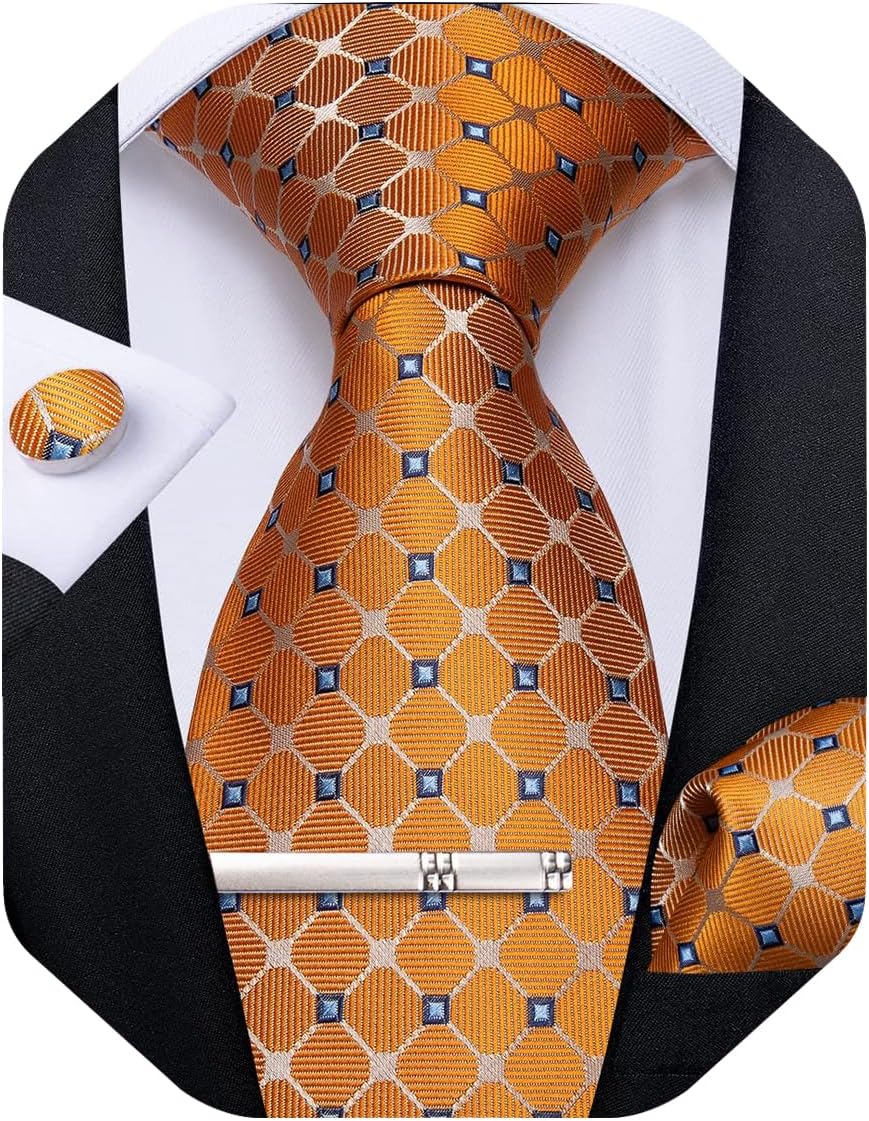 Plaid Ties for Men Silk Checkered Necktie and Pocket Square Cufflinks Tie Clip Set with Gift Box for Wedding Business