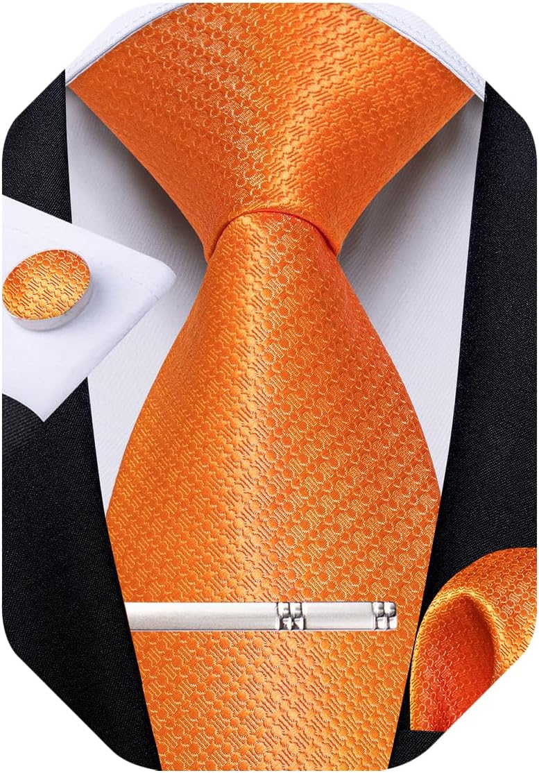 Mens Tie Silk Plaid Striped Necktie and Pocket Square Cufflinks Tie Clip Set with Gift Box Formal Wedding Party