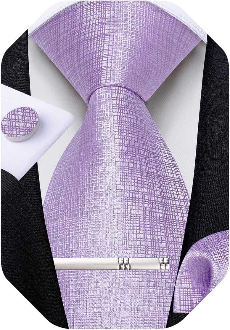 Mens Tie Silk Plaid Striped Necktie and Pocket Square Cufflinks Tie Clip Set with Gift Box Formal Wedding Party