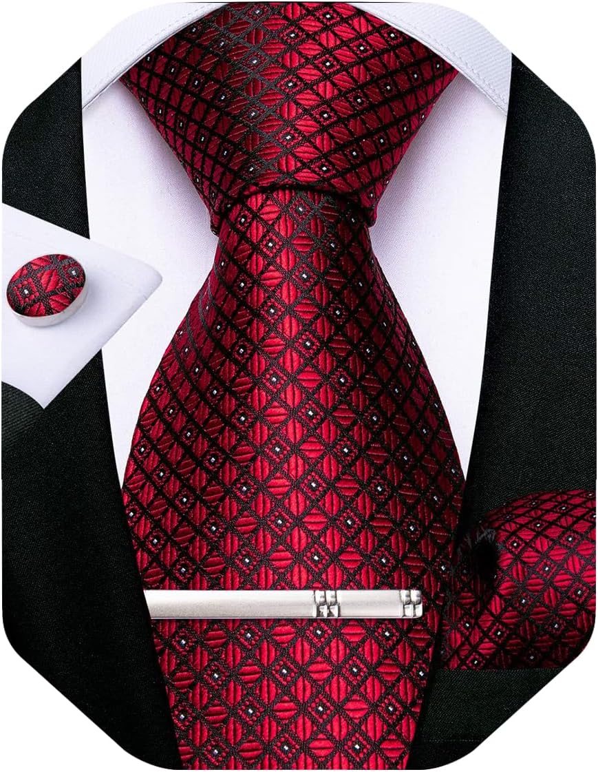 Plaid Ties for Men Silk Checkered Necktie and Pocket Square Cufflinks Tie Clip Set with Gift Box for Wedding Business