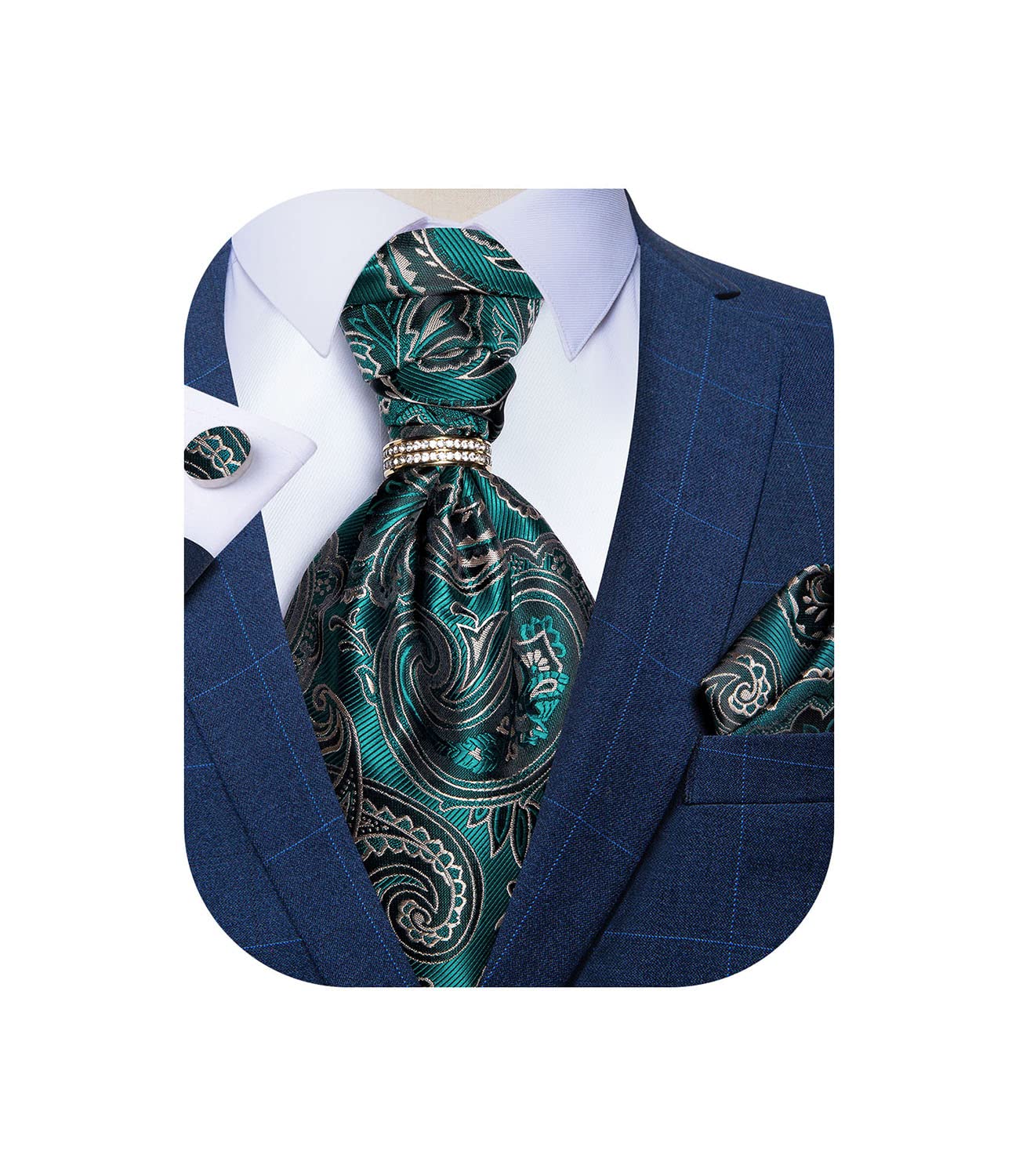 DiBanGu Paisley Ascot Ties for Men Silk Woven Cravat Tie and Pocket Square Cufflinks Set with Tie Ring for Wedding Party