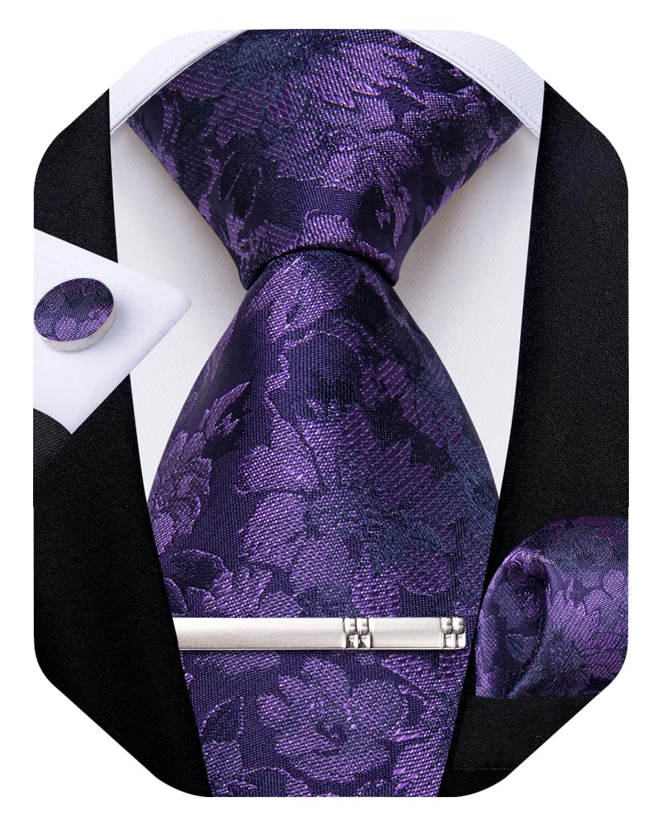 Silk Floral Ties for Men Woven Paisley Necktie and Tie Clip Handkerchief Cufflinks Set for Party Wedding