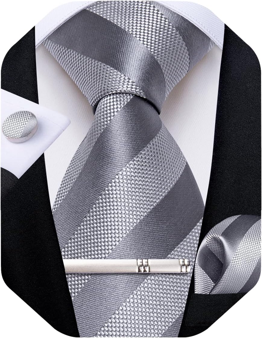 Mens Tie Silk Plaid Striped Necktie and Pocket Square Cufflinks Tie Clip Set with Gift Box Formal Wedding Party