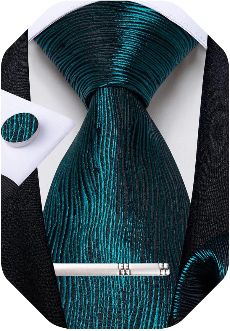 Mens Tie Silk Plaid Striped Necktie and Pocket Square Cufflinks Tie Clip Set with Gift Box Formal Wedding Party