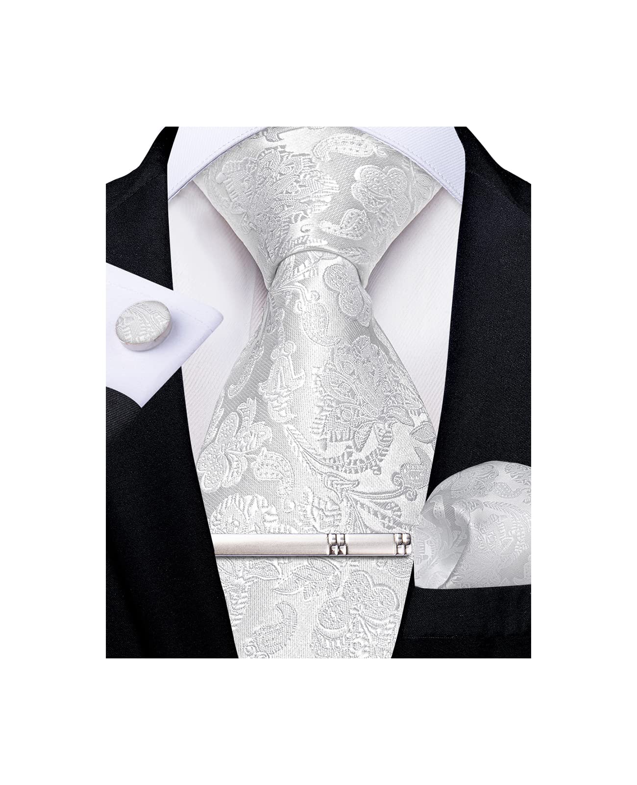 Silk Floral Ties for Men Woven Paisley Necktie and Tie Clip Handkerchief Cufflinks Set for Party Wedding