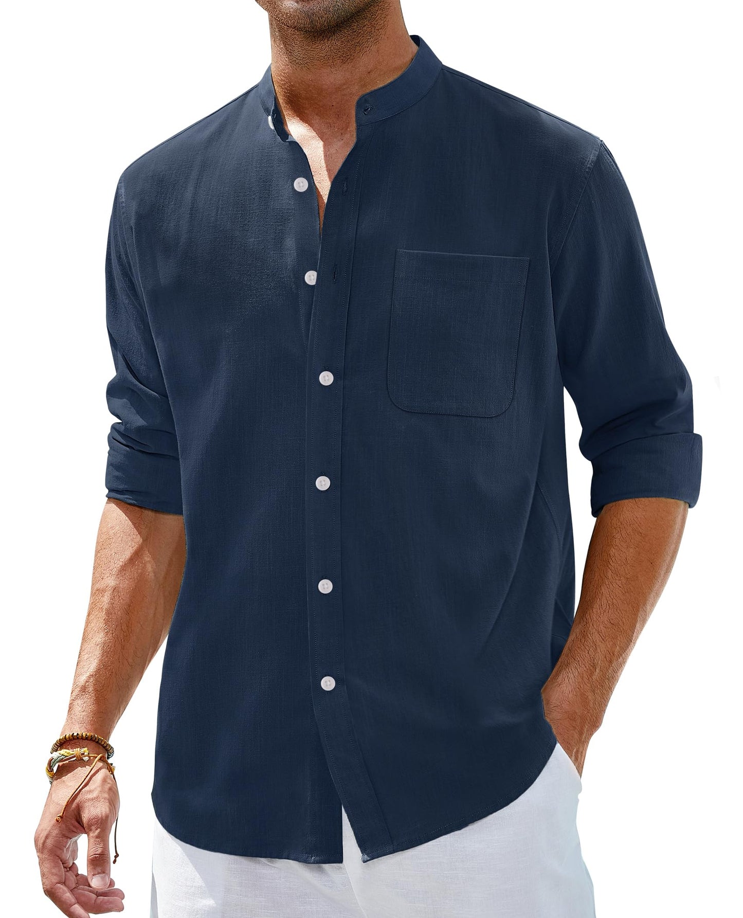 Alimens & Gentle Men's Cotton Linen Shirts Long Sleeve Button Down Shirt Band Collar Beach Shirts