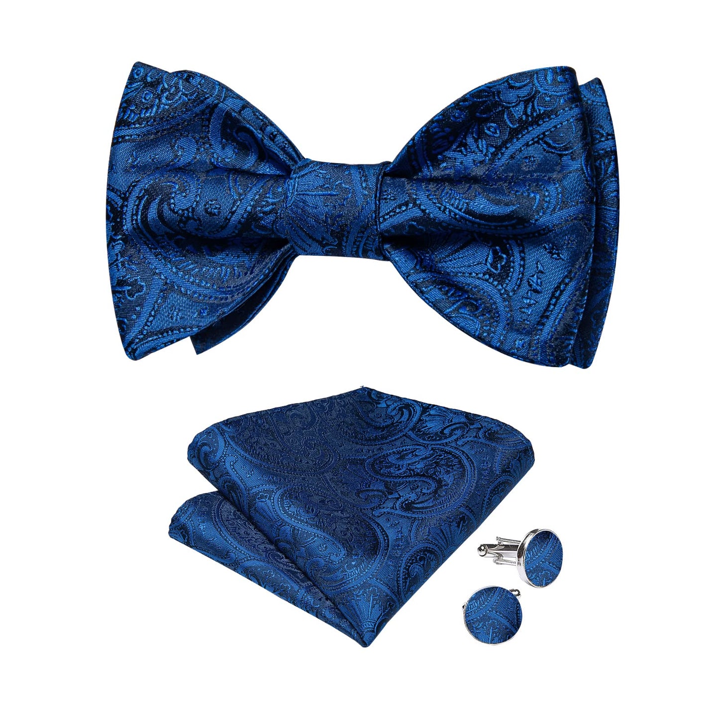 Mens Silk Self Bow Ties,Woven Solid Striped Paisley Bowtie and Pocket Square Cufflinks Set for Men Tuxedo Wedding