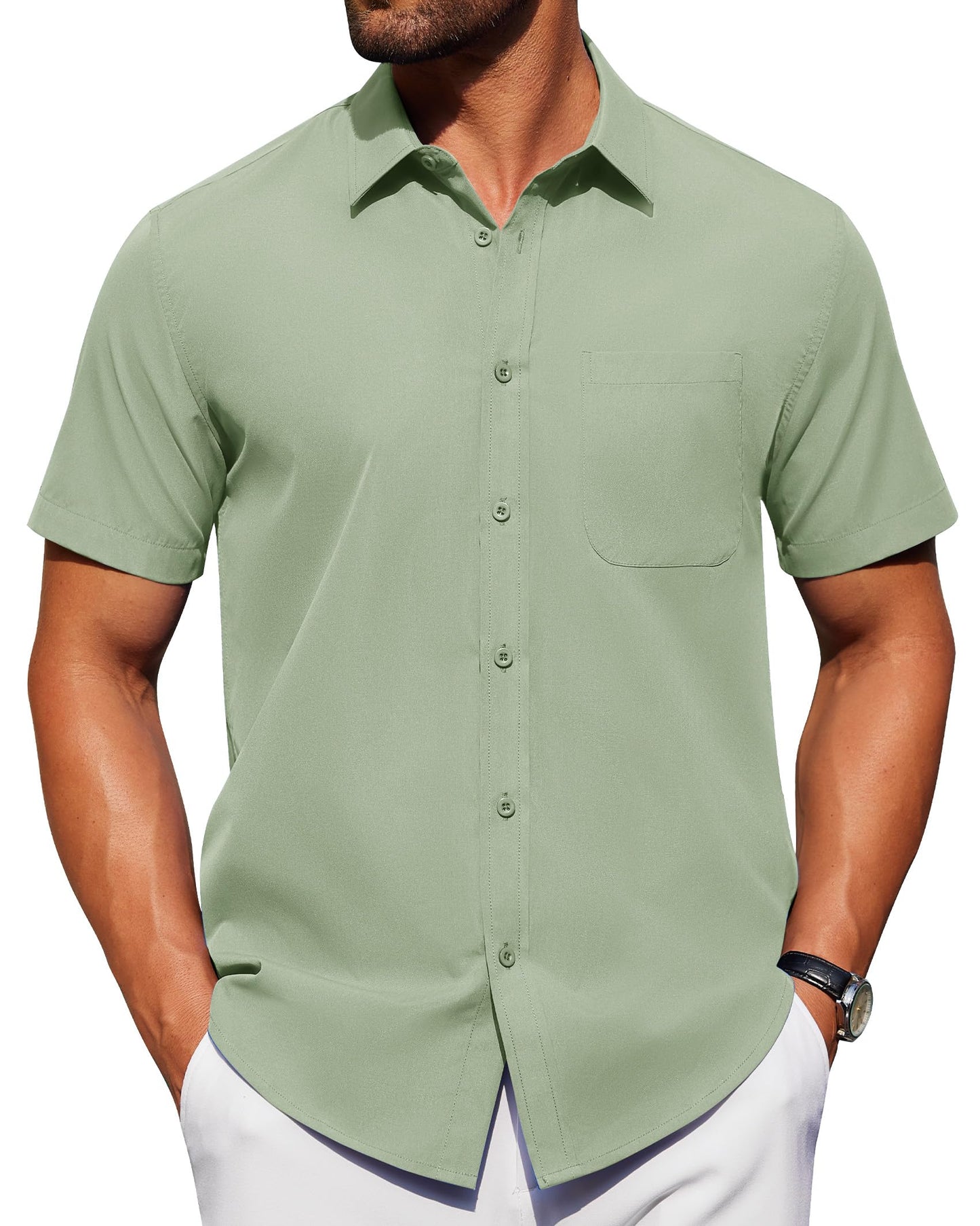 Alimens & Gentle Mens Short Sleeve Dress Shirt Wrinkle Free Solid Casual Button Down Shirts for Summer Business Wedding