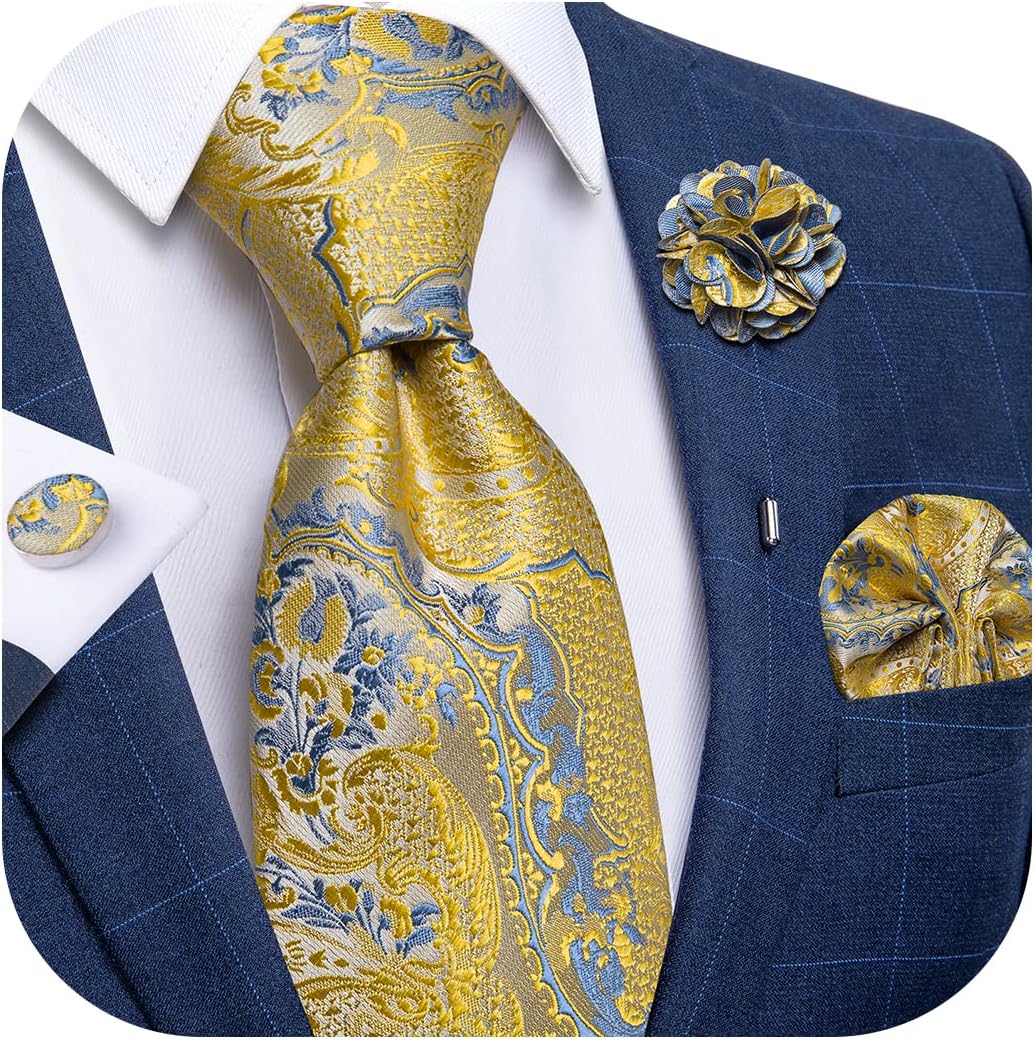 Silk Ties for Men Necktie and Lapel Pin Brooch Set Formal Woven Paisley Plaid Striped Solid Tie Wedding Party