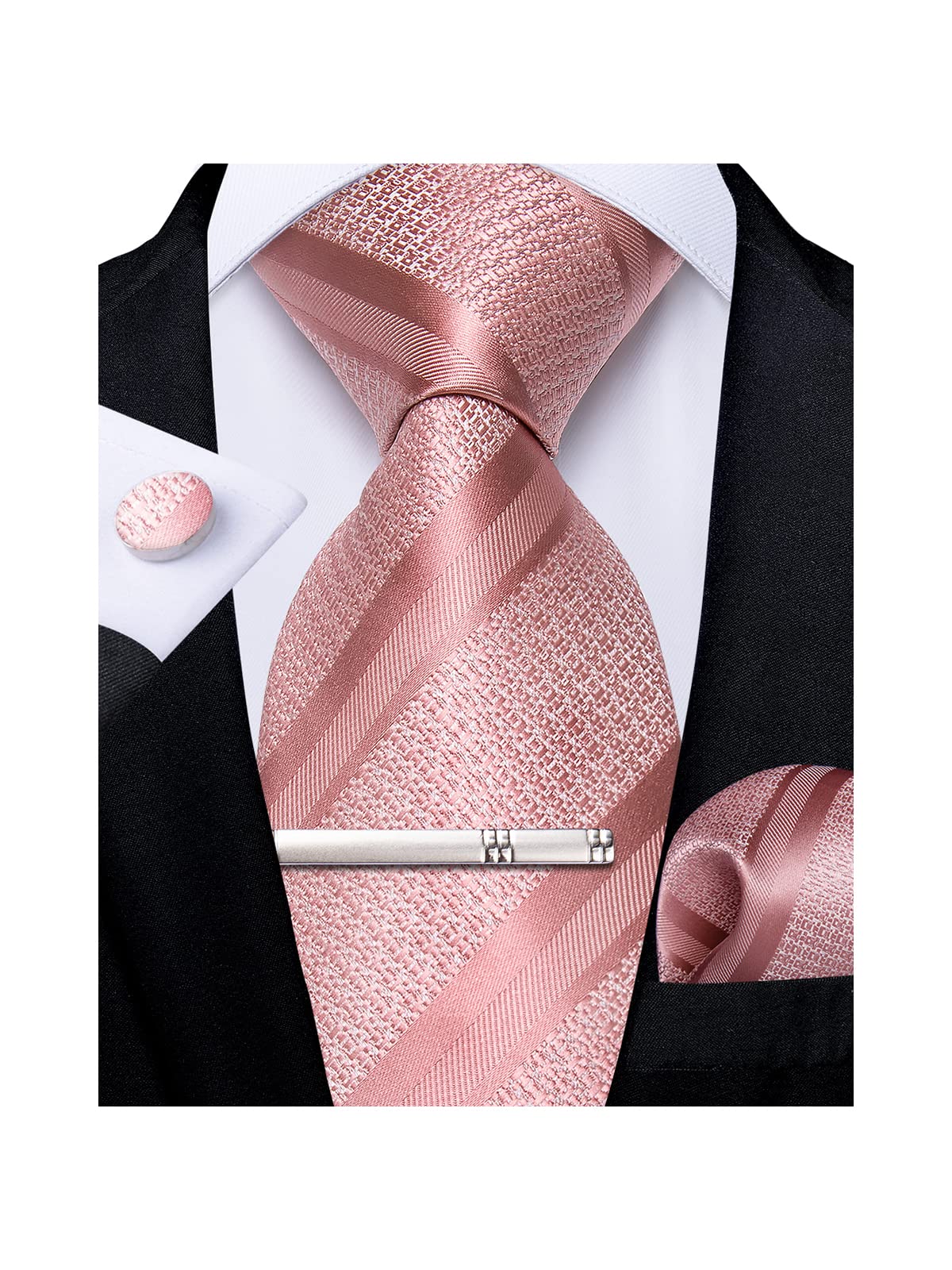 Mens Striped Tie Silk Woven Necktie and Pocket Square Cufflinks Tie Clip Set Wedding Business Formal Gift Tie for Men