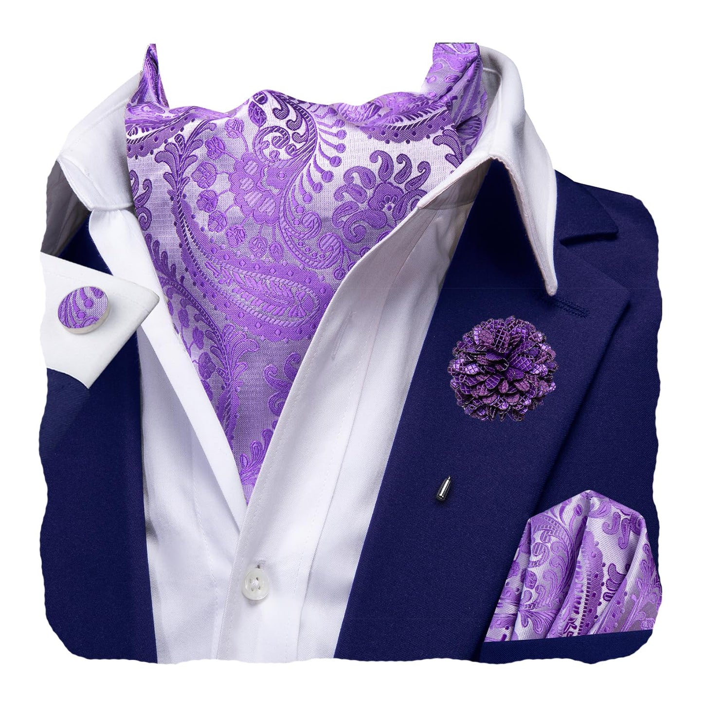 Silk Ascot for Men Self Tie Men's Cravat and Flower Lapel Pin Handkerchief Cufflinks Set for Wedding Party